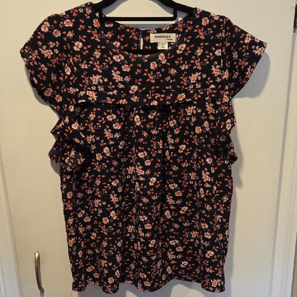 Monteau Los Angeles Navy Floral Pattern Blouse M